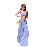 2026 Yunnan Sanya Island Resort Style Suit Women Folded Breasts Hanging Blouse High Waist Loose Broad Legs