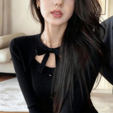 Vintage Gray Bow Tie With Knitted Bottom Shirt Female Design Feeling Autumn And Winter Hottie Hollow Long Sleeve Top