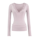 Lace V Collar Inside The Bottom Shirt Women's New Low-Collar Pure Sexy Tea Art Long-Sleeved White Top