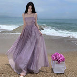 Diamond Chiffon + Ribut + Retro Sling Dress Summer Court Temperament Daily Can Wear Light Luxury Mesh Dress Woman