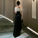 2025 New French High-End Birthday Party Dress Black And White Collage Splicing Word Shoulder Pure Lust Dress