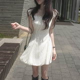 Korean Sweet Girl Wave Point Small Flying Sleeve Lotus Leaf Lace Waist Chiffon Dress Small Thin Short Dress