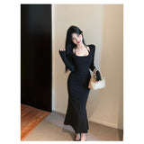 French Red Long-Sleeved Neck Dress Women's Autumn And Winter Christmas Wearing Sexy Ass Fishtail Birthday Dress